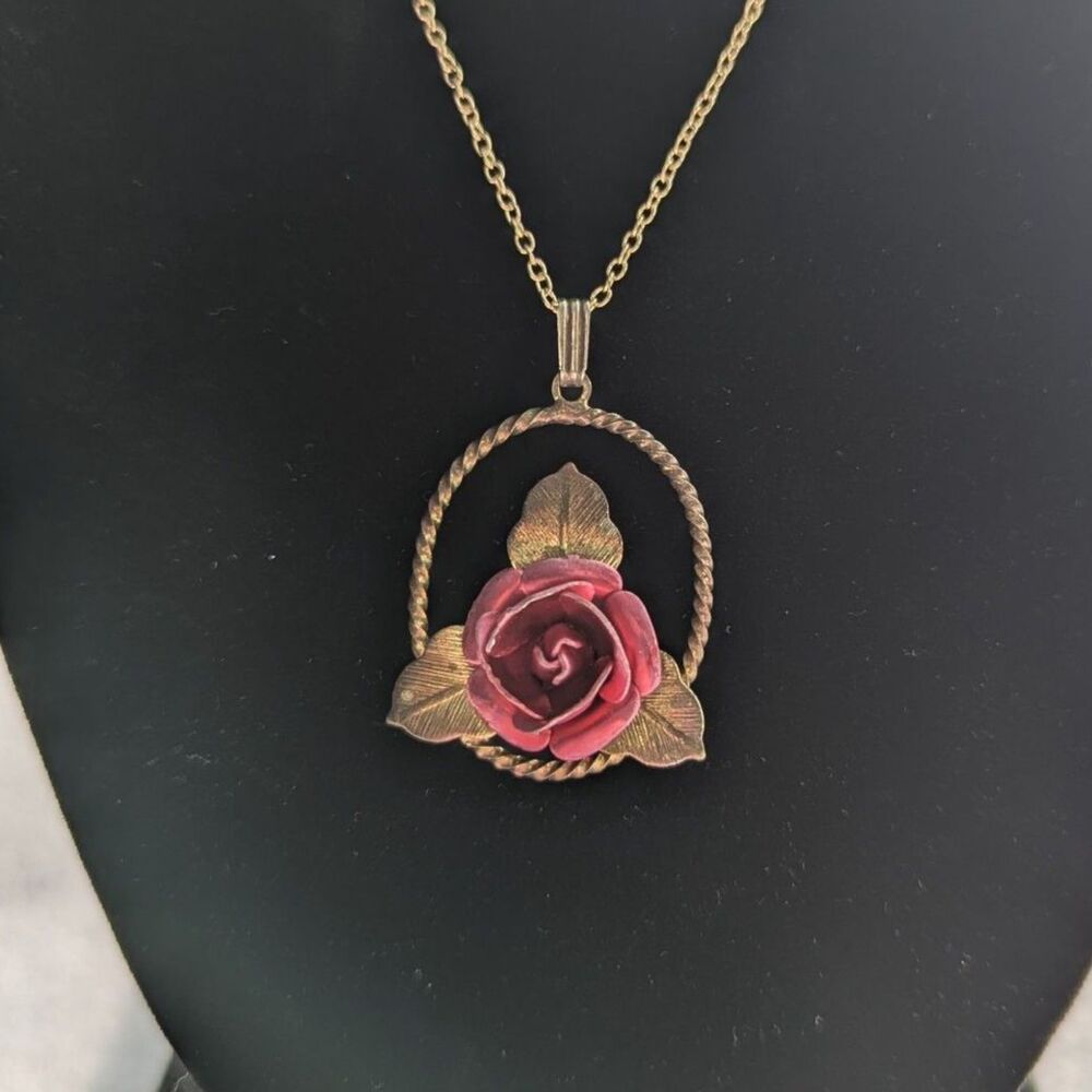 Red Metal Rose Leaf Brass Tone Necklace